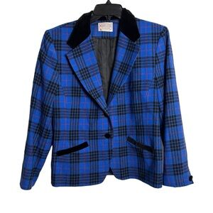 Pendleton Vintage Wool blue black watch plaid blazer jacket Velvet accents SZ12